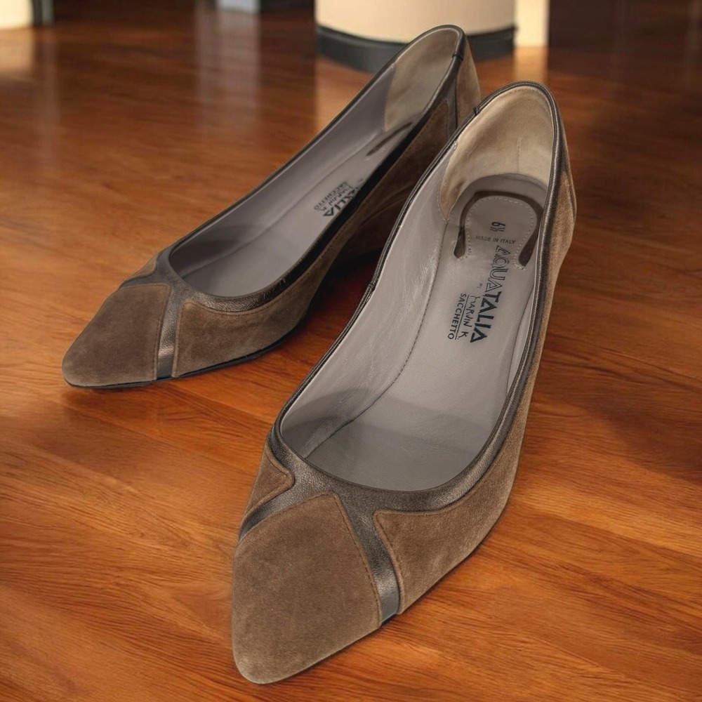 Aquatalia Marvin‎ K Pumps Women 6.5 Brown Suede Leather Pointed Toe Wedge Shoes